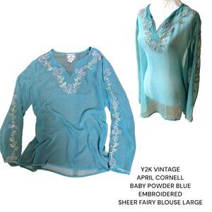 Y2K VINTAGE APRIL CORNELL BABY BLUE SHEER EMBROIDERED FAIRY BOHO BLOUSE LARGE
